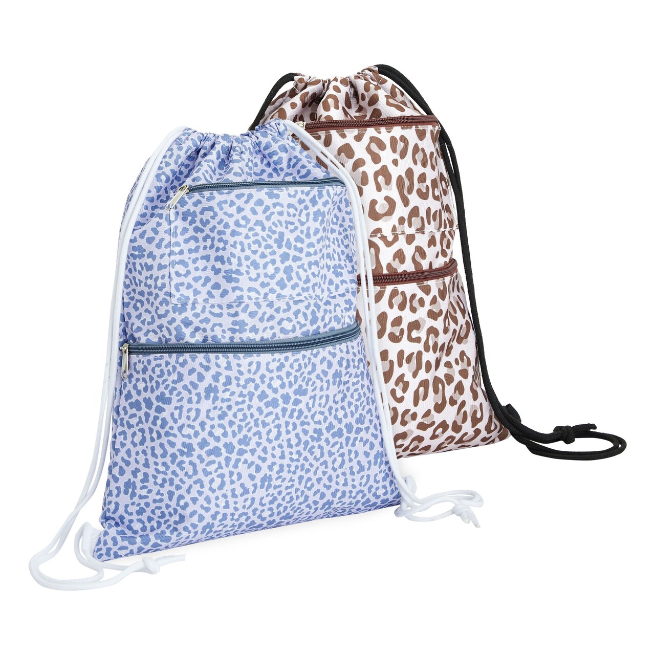 2 Pack Cinch Sack Drawstring Backpack for Beach Trips 13x17 Inch Water Resistant Gym Bag with Zippered Front Pockets for Amusement Parks and Yoga